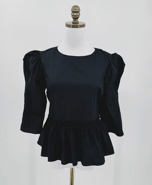 Brock Collection Sveva Black Cotton Peplum 3/4 Puff Sleeve Blouse Top Sz 6